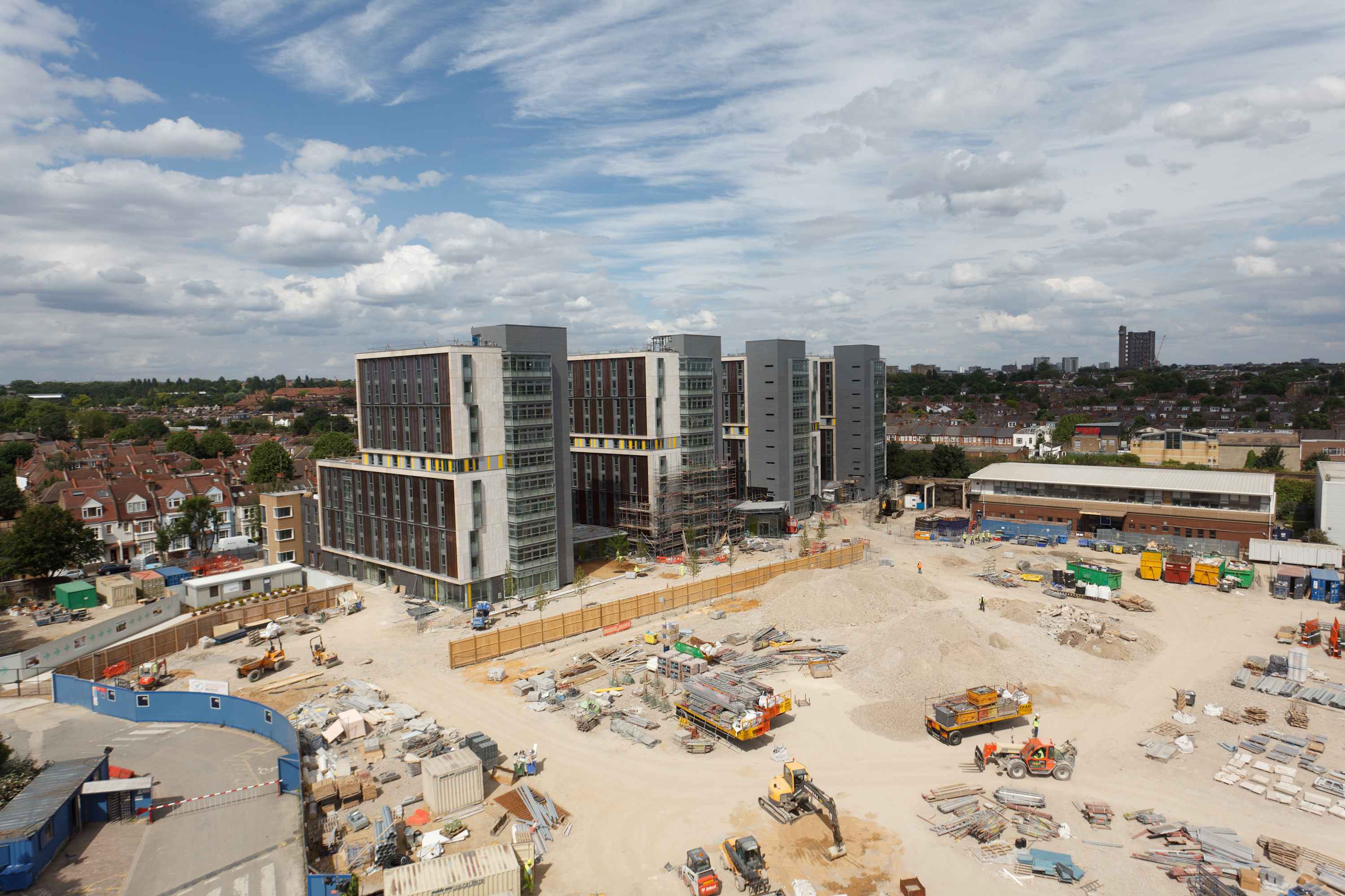 A finished phase of new Imperial College buildings on a still active construction site.
